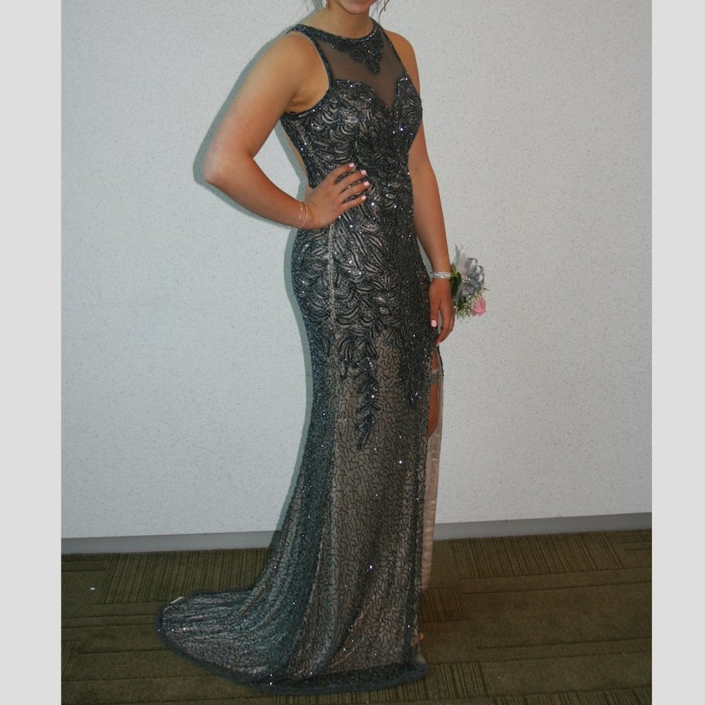 Charcoal Gray Beaded Long Prom Dress